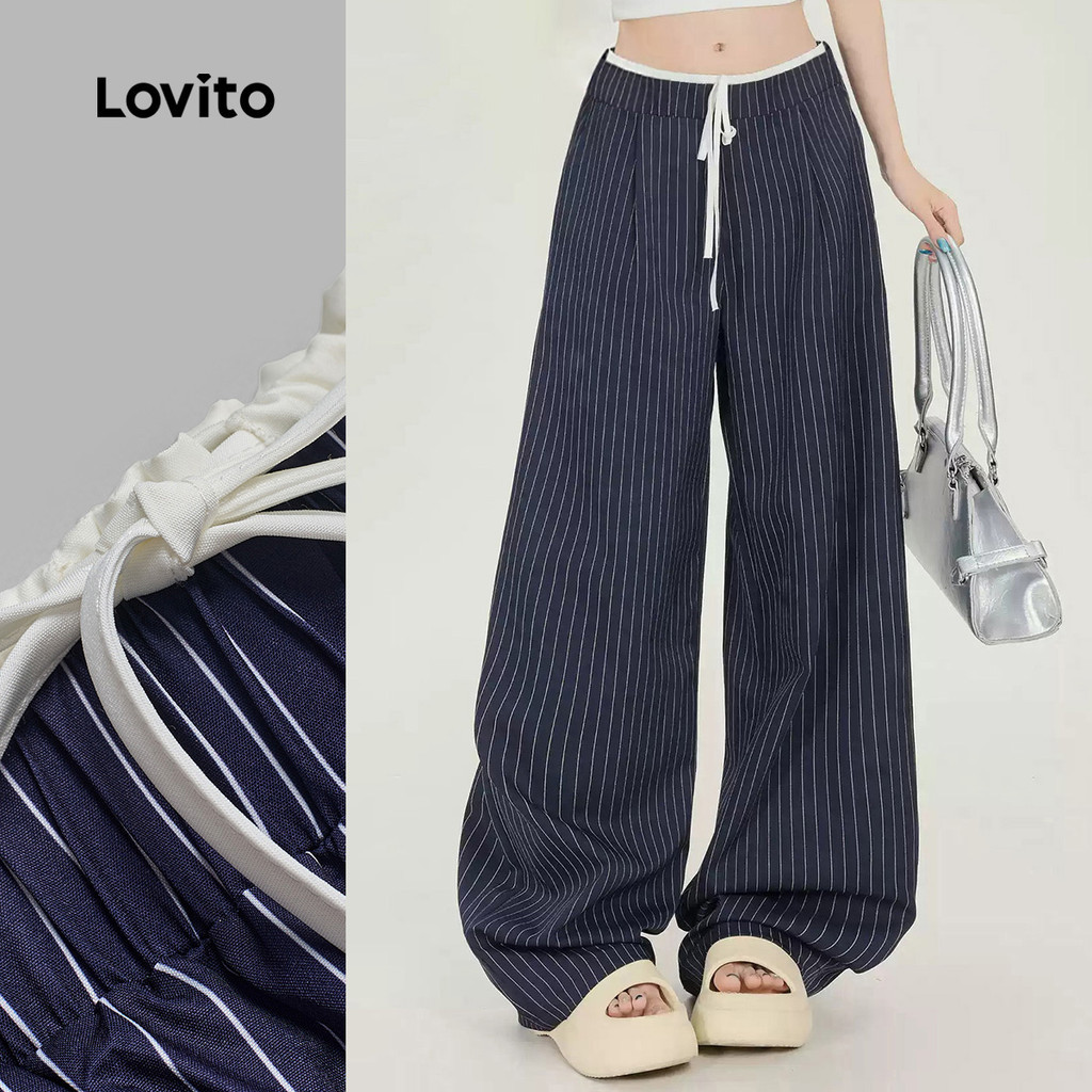 Lovito กางเกงลำลองผ้าลูกไม้ผูกเชือก สีฟ้าสำหรับผู้หญิงฤดูใบไม้ผลิ/ฤดูร้อน L151AD095