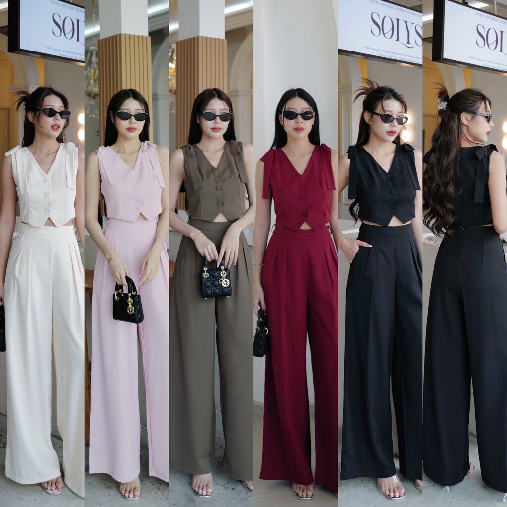 4815 Eve ชุดเซตเสื้อแขนกุดกระดุมหน้าแต่งโบว์ช่วงไหล่