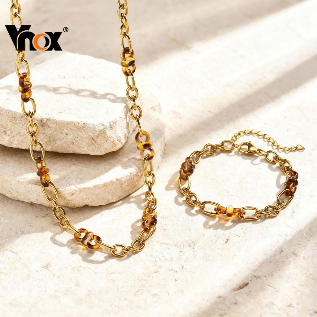 Vnox Resin Stainless Steel Figaro Chain Bracelet Necklace Set,Gold Non-fade Jewelry Set for Women Gi