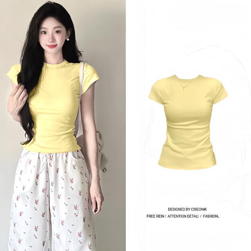 เสื้อยืดแขนสั้นเปิดไหล่ เอวสูง รัดรูป น่ารัก เซ็กซี่ สำหรับผู้หญิง ฤดูร้อน มาใหม่ เรียบหรู คอกลม เสื้อสีพื้น [COD]