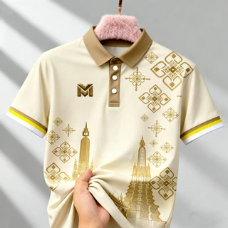 เสื้อโปโลผู้ชาย ลายเจดีย์และเทมเพล เหมาะสำหรับวันลอยกระทง และใส่ได้ทุกคนในครอบครัว