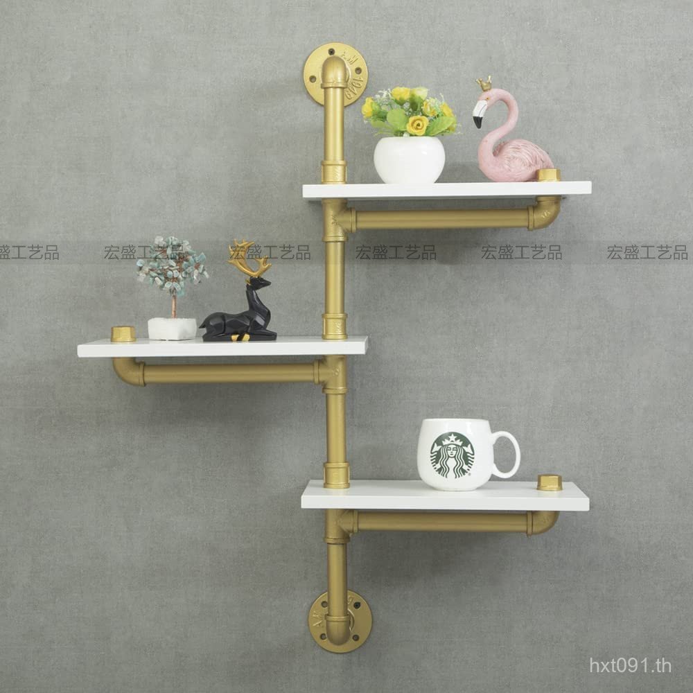 ชั้นวางหนังสือชั้นวางสามชั้นโกลเด้นแขวนผนังไม้เนื้อแข็งท่อน้ําผนังลามิเนตแบนห้องนั่งเล่นเหล็กกระดานพ