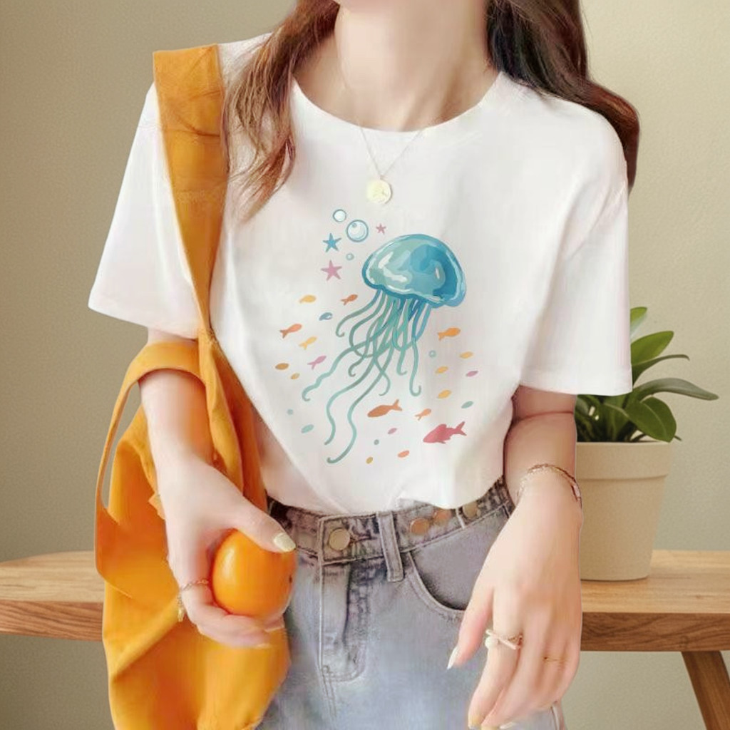 เสื้อยืดลายแมงกะพรุนสุดคิวท์ สไตล์ทะเลสดใส ใส่ได้ทั้งชายหญิง ทรงหลวมใส่สบาย