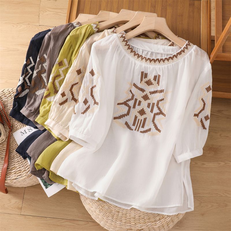 เสื้อแขนครึ่งผู้หญิง ทำจากผ้าฝ้ายและลินิน สไตล์ใหม่สำหรับฤดูร้อน ดีไซน์หลวมๆ
