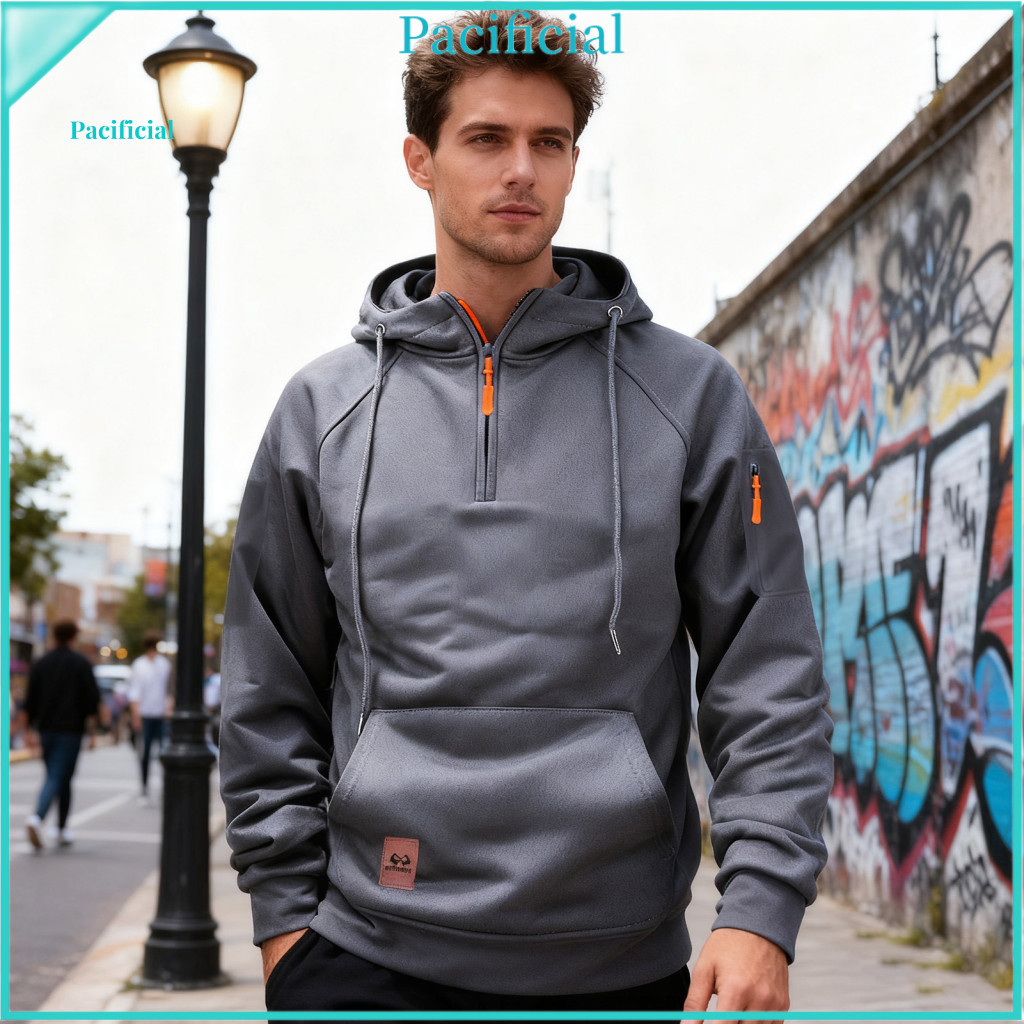 การดูดซึมความชื้นHoodie Breathable Quarter-zipสไตล์ผู้ชายQuarter Zip Hoodieพร้อมกระเป๋าเหมาะกับกีฬาส