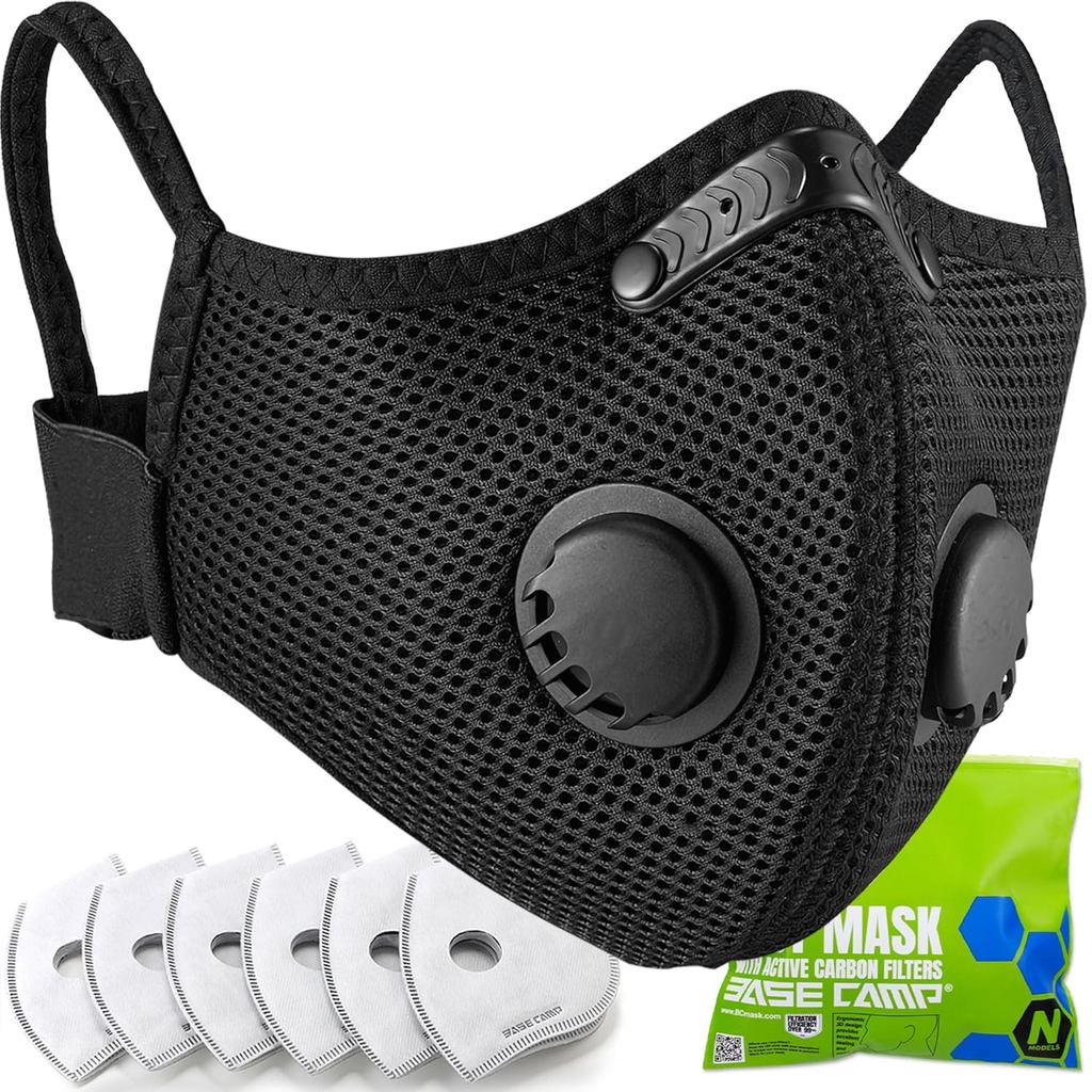 BASE CAMP M Plus หน้ากากกันฝุ่น,Breathable Reusable Face Mask พร้อมตัวกรองคาร์บอนที่เปิดใช้งาน 6 แผ่