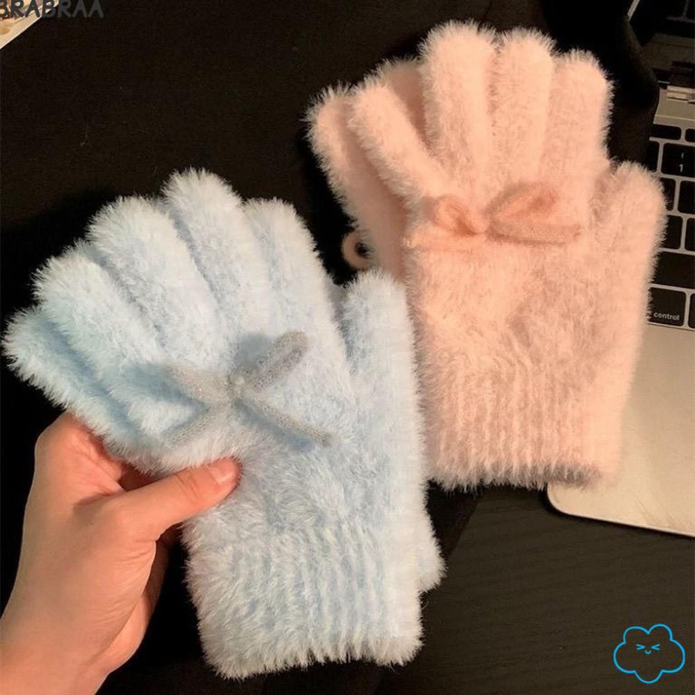 ถุงมือนุ่มพร้อมโบว์ ป้องกันลมและความเย็น ดีไซน์น่ารัก สีฟ้านม มีความทนทาน สำหรับฤดูใบไม้ร่วงและฤดูหนาว