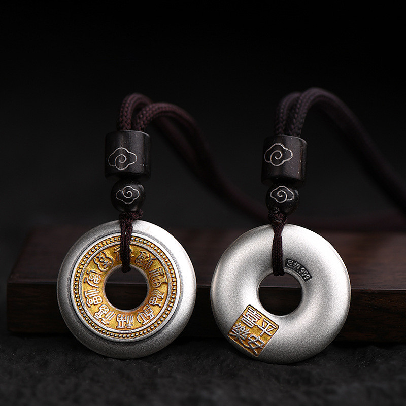 จี้สร้อยคอใหม่สไตล์จีนผู้ชายผู้หญิงความปลอดภัยหัวเข็มขัด ไป๋ฟู่ ตัวอักษรเงินสเตอร์ลิงสไตล์จีนจี้สไตล