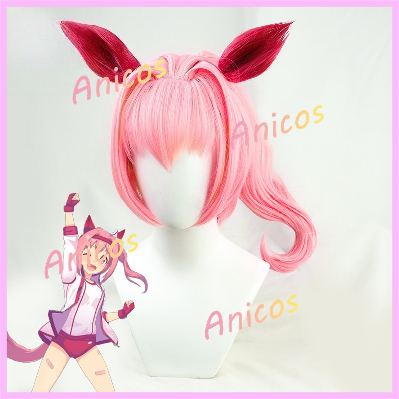 Umamusume Haru Urara コスプレ wig วิกสังเคราะห์สีชมพูพร้อมหูและหาง