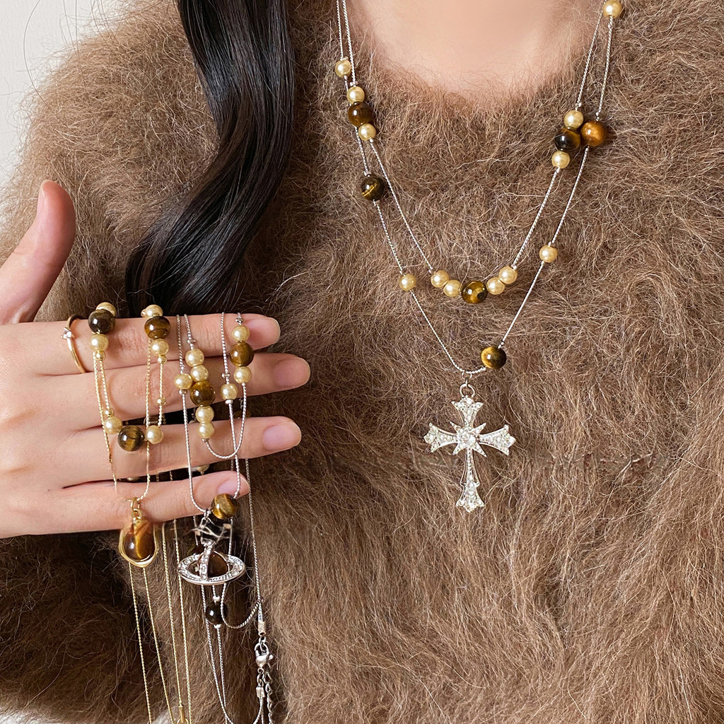 สร้อยคอดีไซน์เรโทร ดีเทลมuti-layer หินตาเสือสำหรับผู้หญิง เหมาะสำหรับเครื่องประดับแฟชั่น