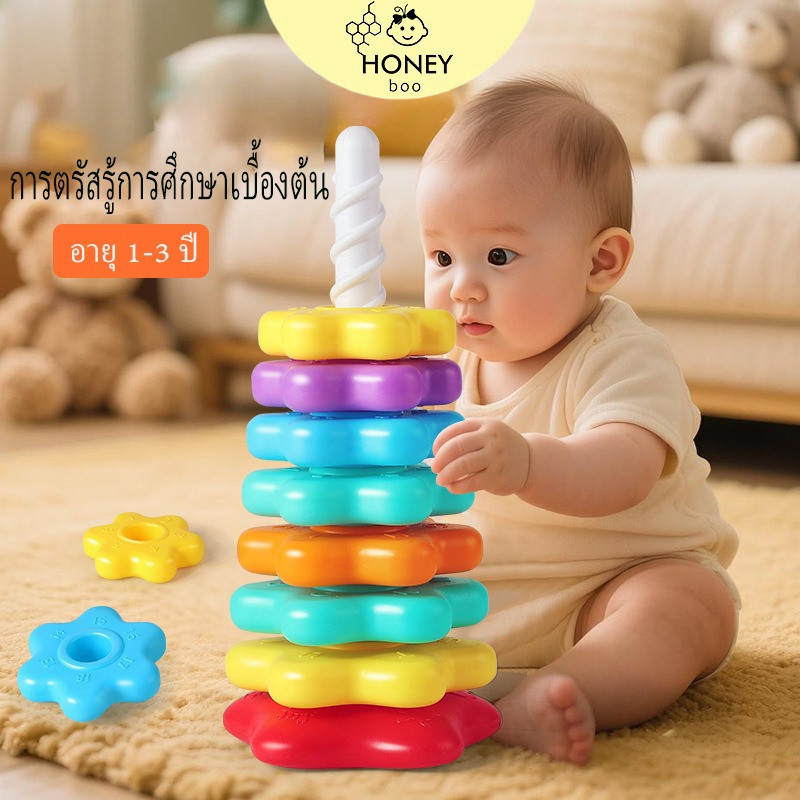 บล็อกตัวต่อ สีรุ้ง ห่วงเจดีย์สวมหลัก หมุน รูปหอคอย ของเล่นเสริมพัฒนาการเด็ก ฝึกหยิบจับ ห่วงเรียงซ้อน