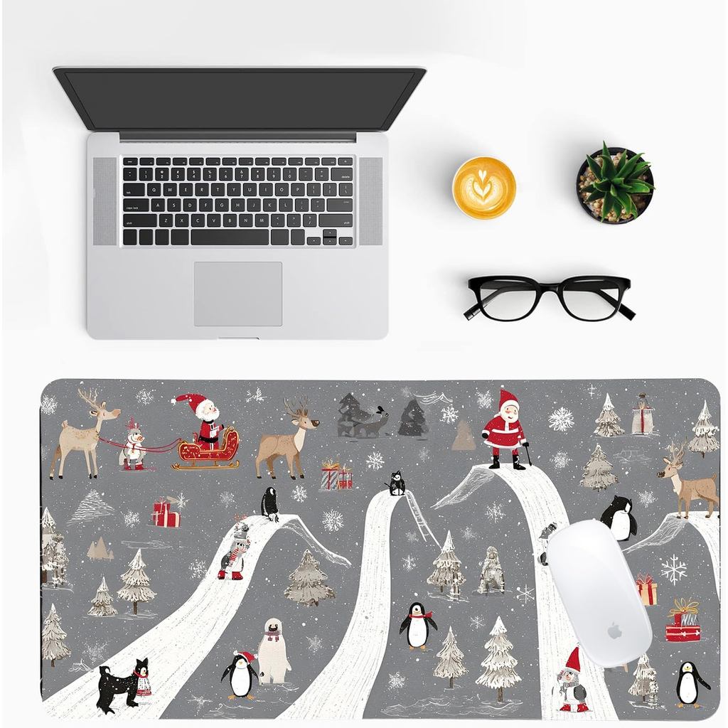 Christmas Winter Fun Desk Mat for Women - Festive Snowman Office Desk Pad with Non-Slip PU Leather,C