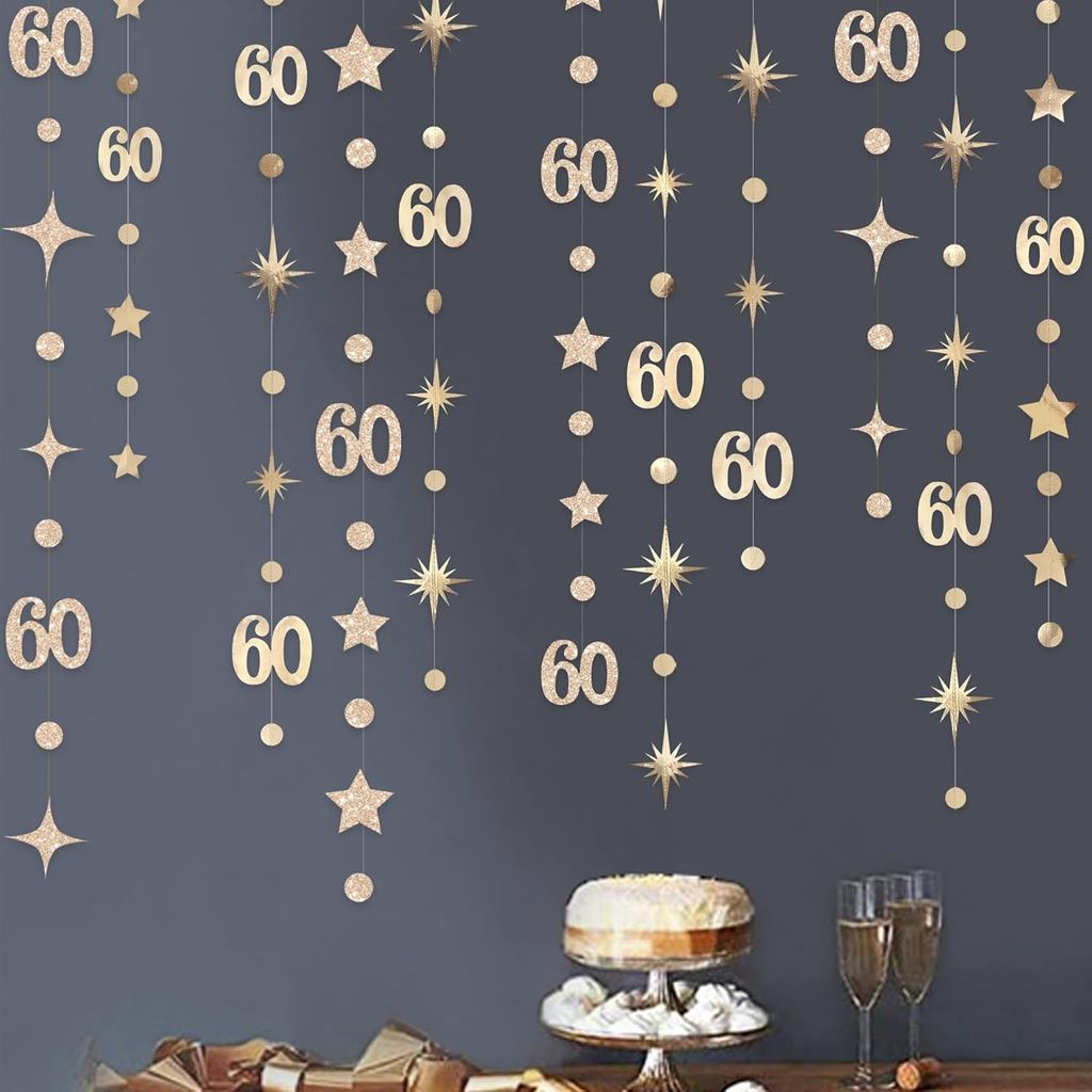 Champagne Gold 60th Birthday Decorations Number 60 Circle Dot Star Garland Metallic Streamer Banner 