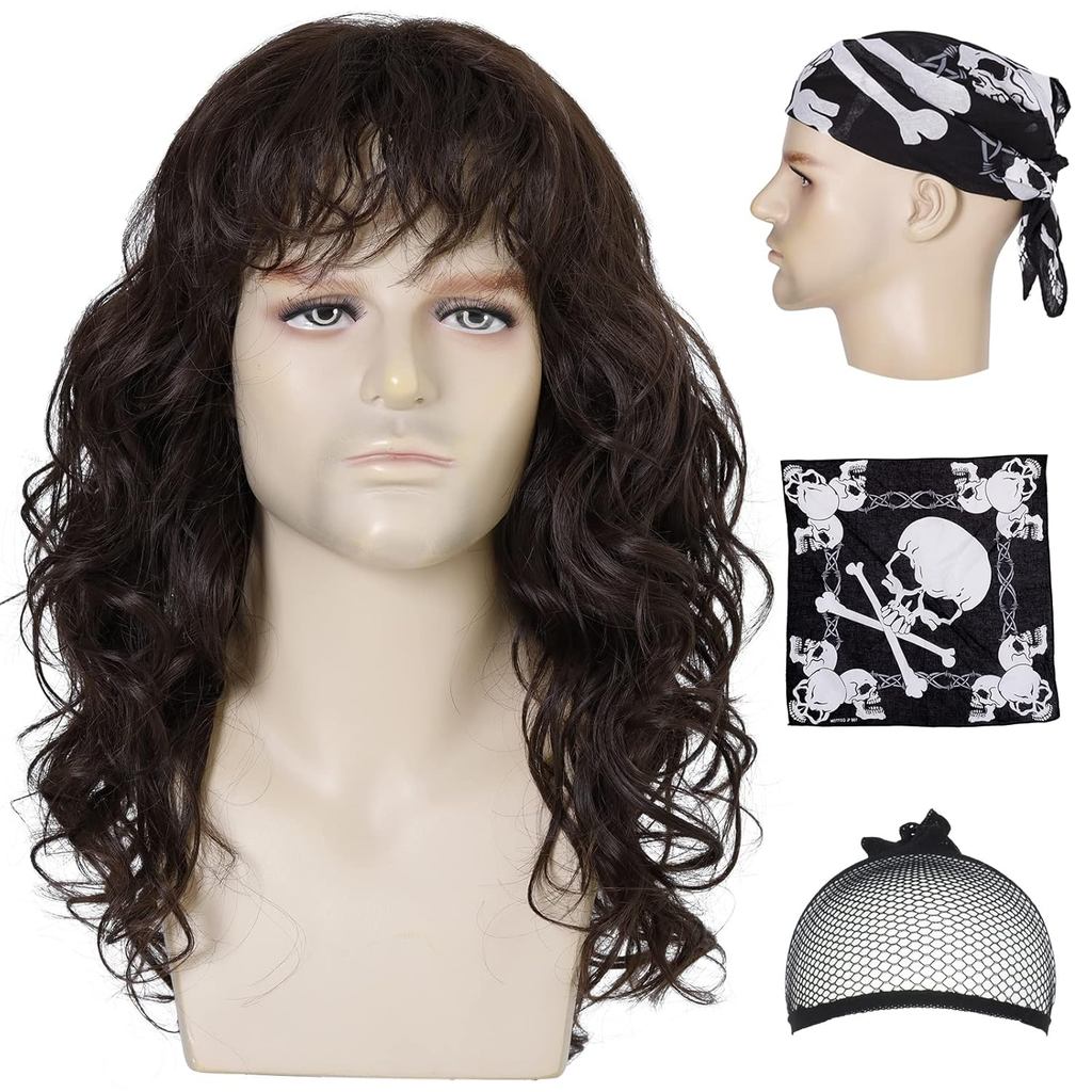 80s Rock Wig with Bandana - Mullet Dark Brown Curly Hair Wig - Perfect for Halloween, Cosplay, DIY T