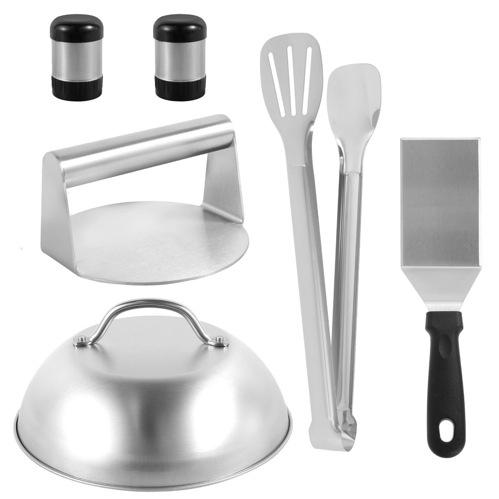 6 ชิ้น Smash Burger Kit พร้อมฝาปิด Griddle ไม้พาย 5.5 นิ้วสแตนเลส Burger กด Non-Stick Burger กดสําหร