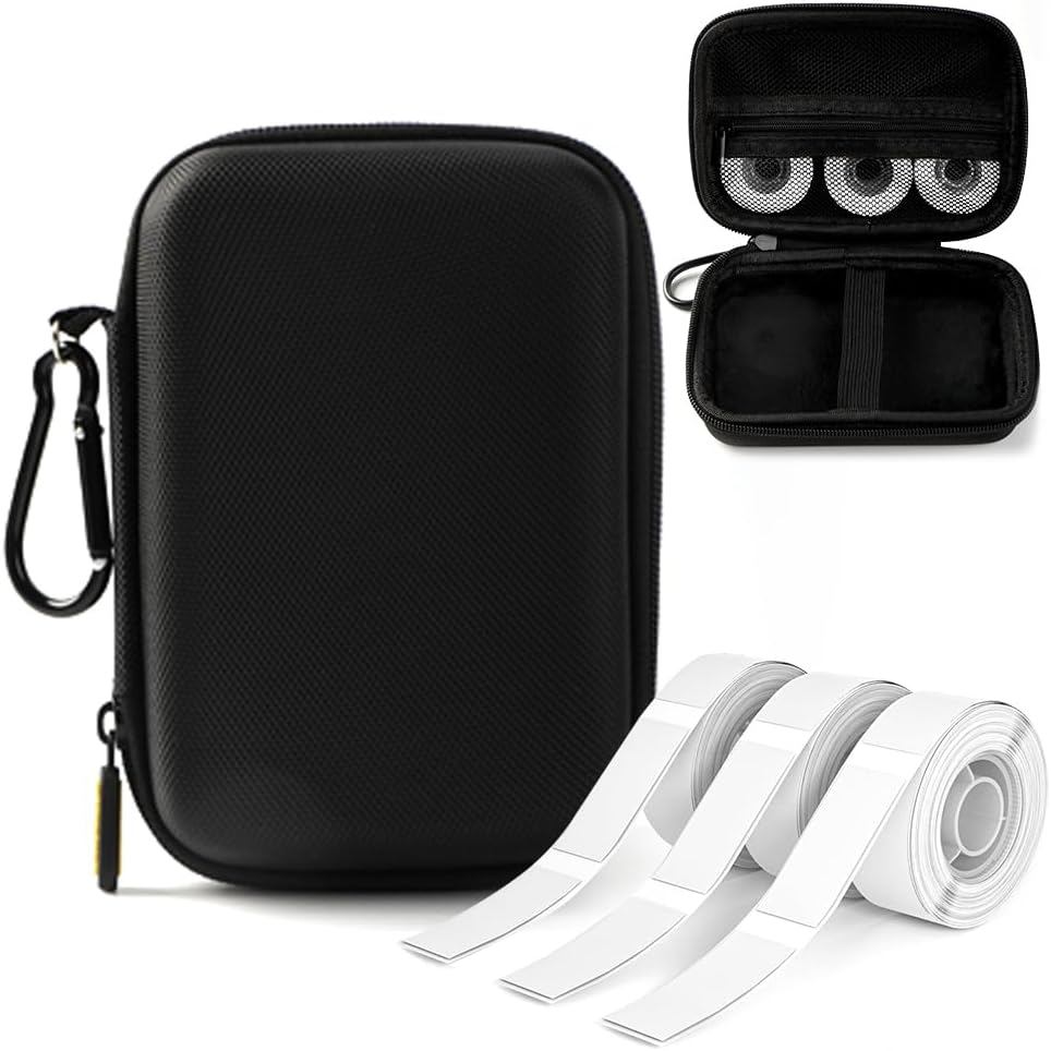Phomemo D30 D35 Label Marker Black Case with 3 Rolls of White Label Tapes, Waterproof Storage Bag wi