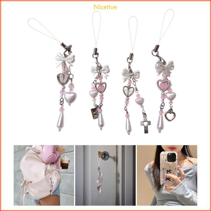 NICE Stylish Bowknot Phone Pendant Trend Phone Charm for Women Girls Heart Beaded