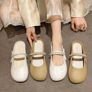 icy.sport พร้อมส่งจากไทย【X214】รองเท้าคัชชูแต่งสายไข่มุกสไตล์วินเทจสวยหวานน่ารักสีพื้นเรียบๆ tobo