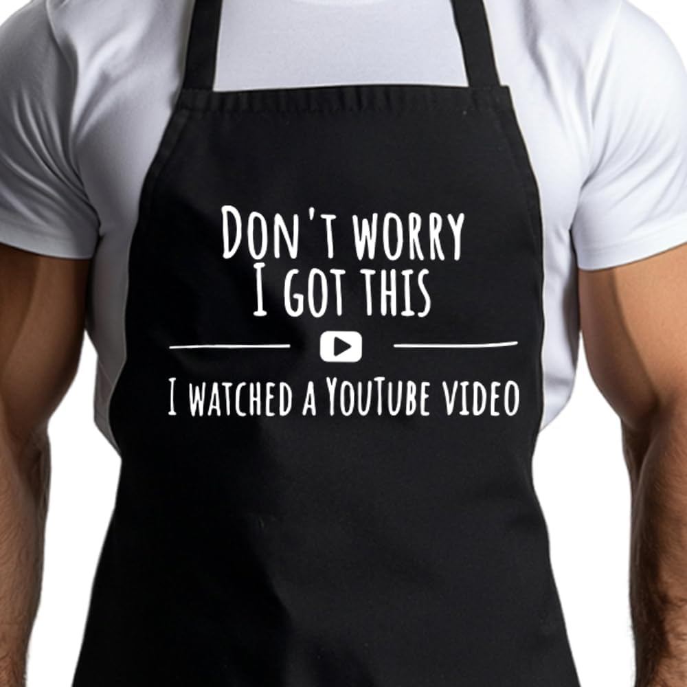 ตลกผ้ากันเปื้อนกันน้ําของขวัญสําหรับผู้ชาย,Dad,Brother,อย่ากังวล,ฉันดูวิดีโอY-uTube,ย่างบาร์บีคิวทํา