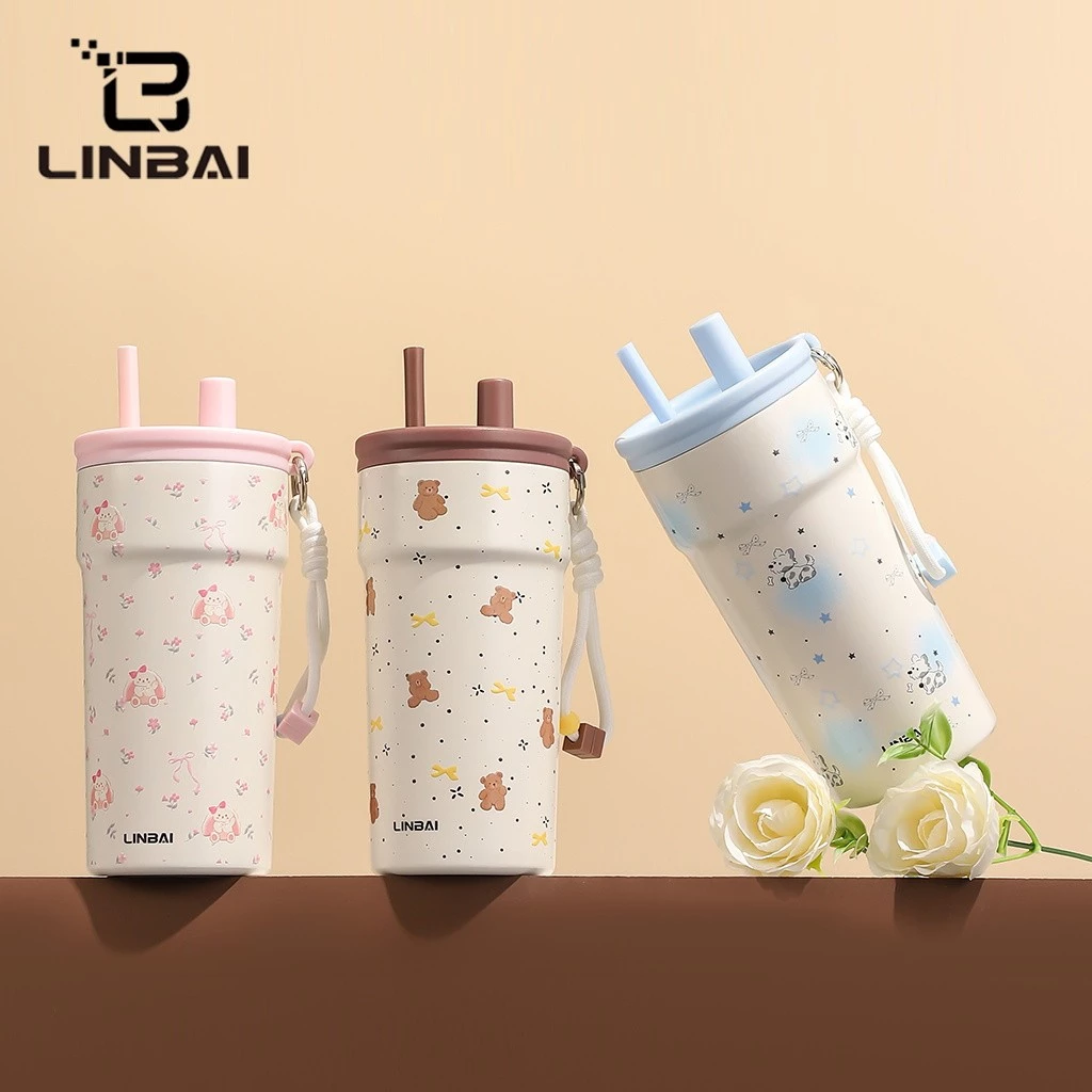 LINBAI กระติกน้ำ 500ml ฉนวนสูญญากาศ 2 ชั้น ภายในเคลือบเซรามิก เก็บความร้อน-เย็น Leakproof พร้อมหลอดดูด thumbnail 8