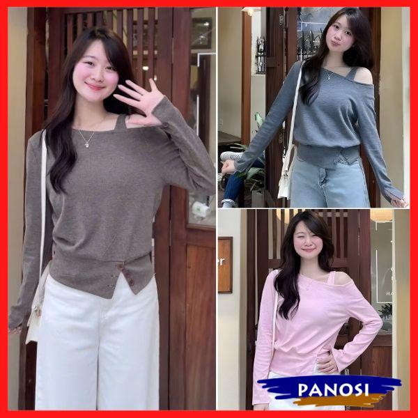 น่ารักเสื้อสเวตเตอร์ขนกระต่ายเปิดไหล่ติดกระดุมเสื้อยืดผู้หญิงแขนยาวดีไซน์สายเรียบหรู ก89 กระทะ