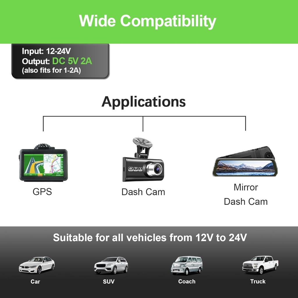 Dash Camera Car Charger, Mini USB and Micro USB Interfaces, Driving Recorders Power Cord Universal C