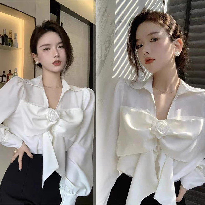 littlebee.shop✨เสื้อเชิ้ตแขนยาวผูกโบว์ คอวี สีพื้น สไตล์ผู้หญิง เหมาะสำหรับใส่ในฤดูใบไม้ผลิและฤดูใบไม้ร่วง #w687