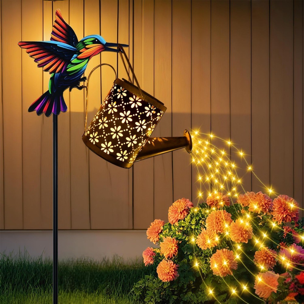 บัวรดน้ําพลังงานแสงอาทิตย์พร้อมไฟน้ําตกตกแต่งสวนกลางแจ้ง, Hummingbird รูปตะขอเครื่องมือทําสวน, ไฟพลังงานแสงอาทิตย์สําหรับตกแต่งสวนลานสนามหญ้า Backyard