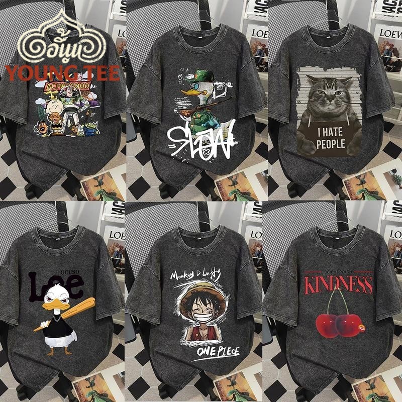 YOUNG Tเสื้อยืดโอเวอร์ไซส์ เสื้อยืดโอเวอร์ไซส์ M-3XLมีให้เลือกหลากหลายไซส์ ผ้าฝ้าย100% เสื้อยืดฟอกขาว เสื้ คอกลม แขนสั้น