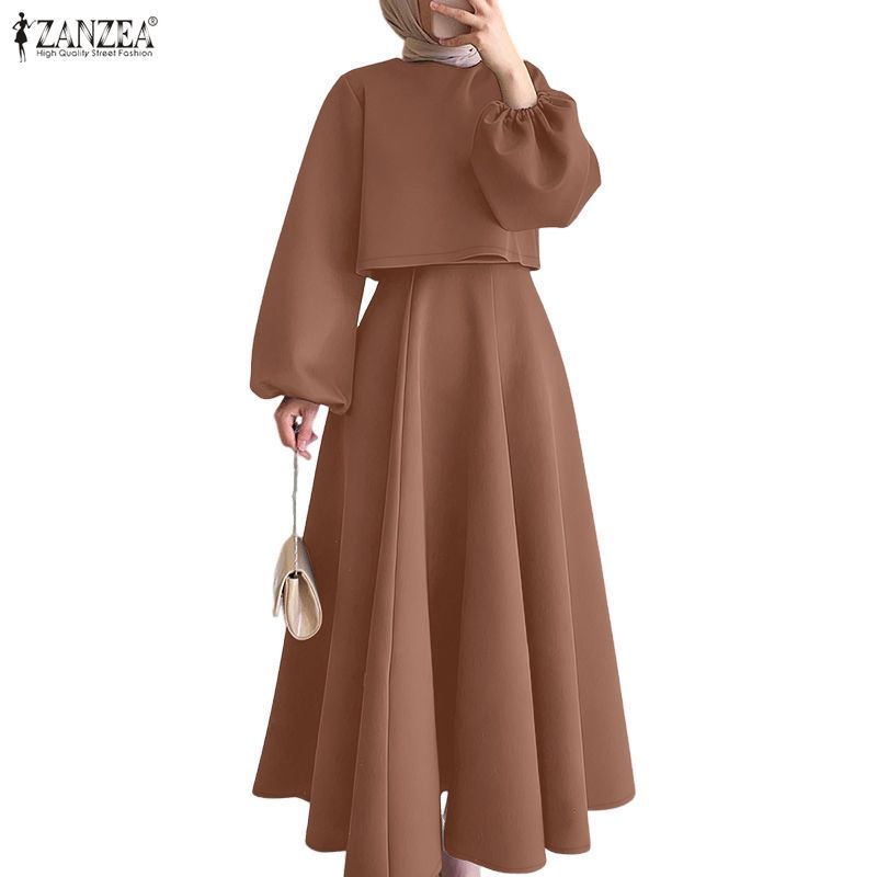 ZANZEA สตรีมุสลิมหรูหราลูกเรือคอโคมไฟแขนตัดเอวสูง A-Line ชุดสองชิ้น