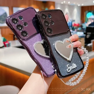 สาว กันกระแทก ตัวเคสใสมีกระจกหัวใจและสร้อยข้อมือ ลวดลายคลื่นแวววาว หุ้มทั้งเครื่อง สำหรับSamsung S25 Ultra 24 23 22 EF