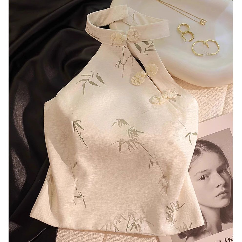 เสื้อดesignสไตล์จีนแบบดั้งเดิม พร้อมกางเกงขายาวและท้อปปิดไหล่สำหรับสาวๆ