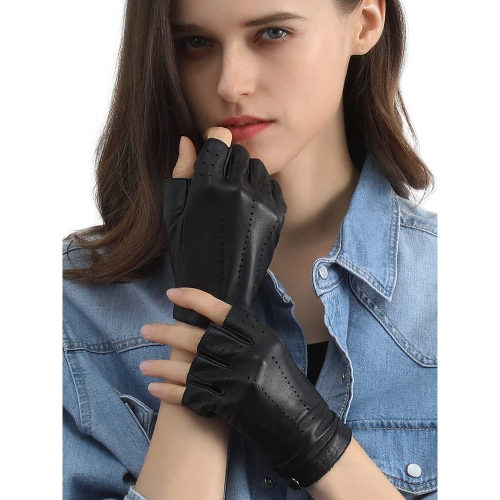 GSG Women Fingerless Leather Gloves - Driving Motorcycle Biker Gloves - Unlined Half Finger