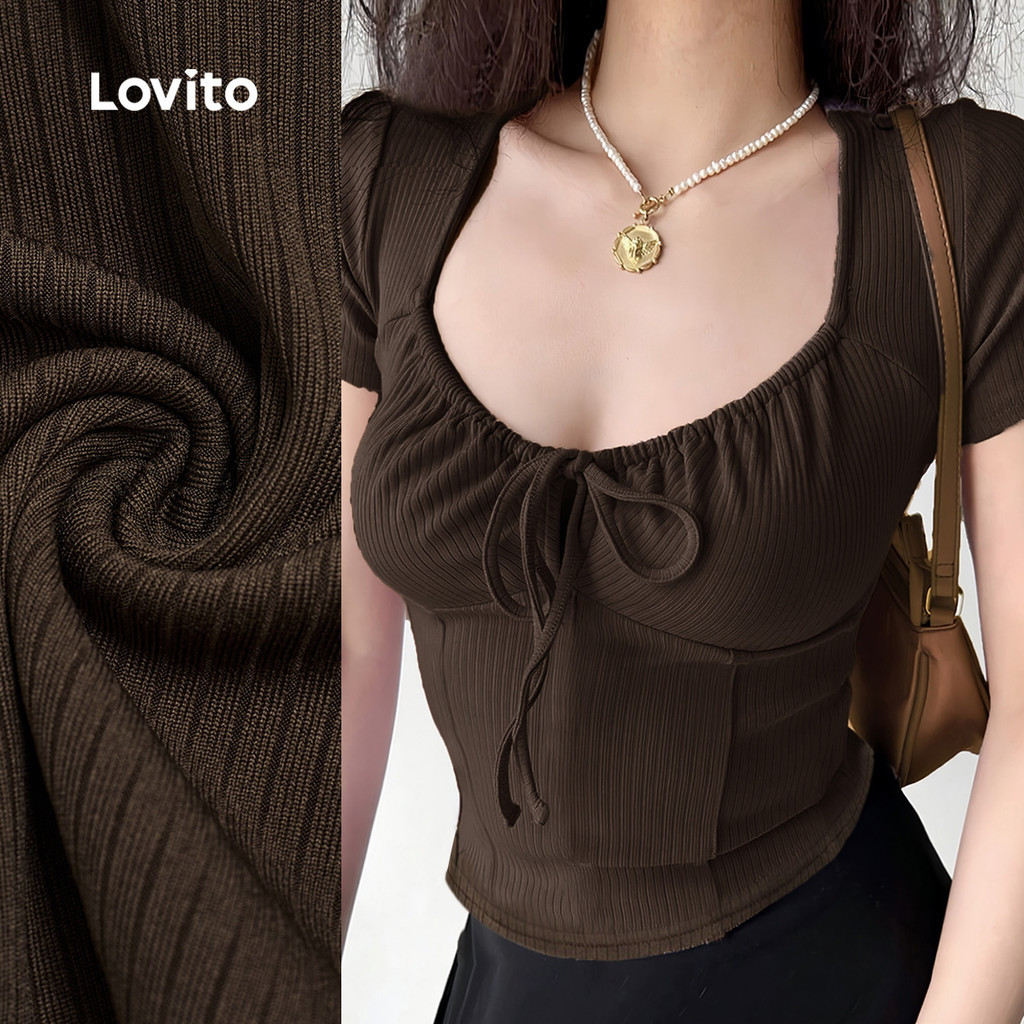 Lovito เสื้อยืดคอวีแขนสั้นผูกด้านหน้าและชูร์ด เนื้อผ้าดี สบายตา ฤดูใบไม้ผลิ/ฤดูร้อน L138ED170