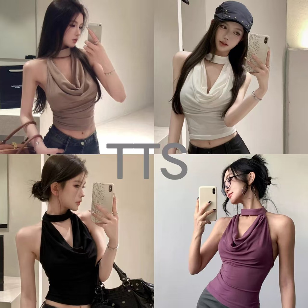 TTS🔥 เสื้อคอฮอลเตอร์สาวฮอต เปิดหลัง คอวี เสื้อกล้ามเข้ารูป ดีไซน์เก๋ไก๋ สไตล์สั้นและเซ็กซี่