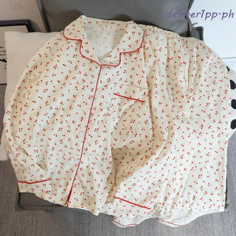 DELMERHOME Cherry Pyjamas Women, Ruffle Lapel Sweet Pyjamas Suit, Homewear Loose Nightdress ชุดนอนผ้