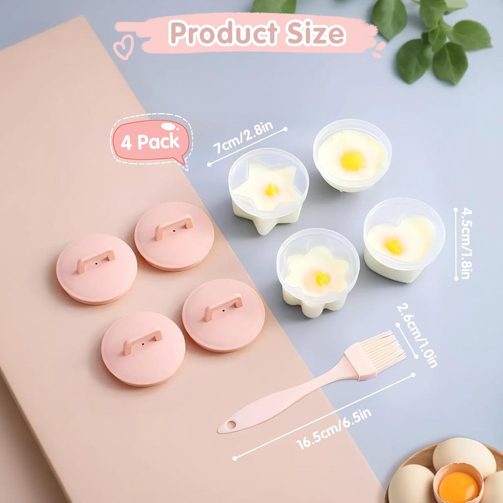 Egg Poacher Cups, 4 Pcs Poached Egg Cooker with Lid and Oil Brush Egg Coddler 4 Shapes Reusable Egg 