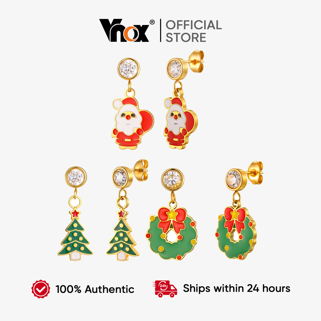 Vnox Zircon Santa Claus Christmas Tree Wreath Drop Dangle Earrings Festive Jewelry for Women Girl