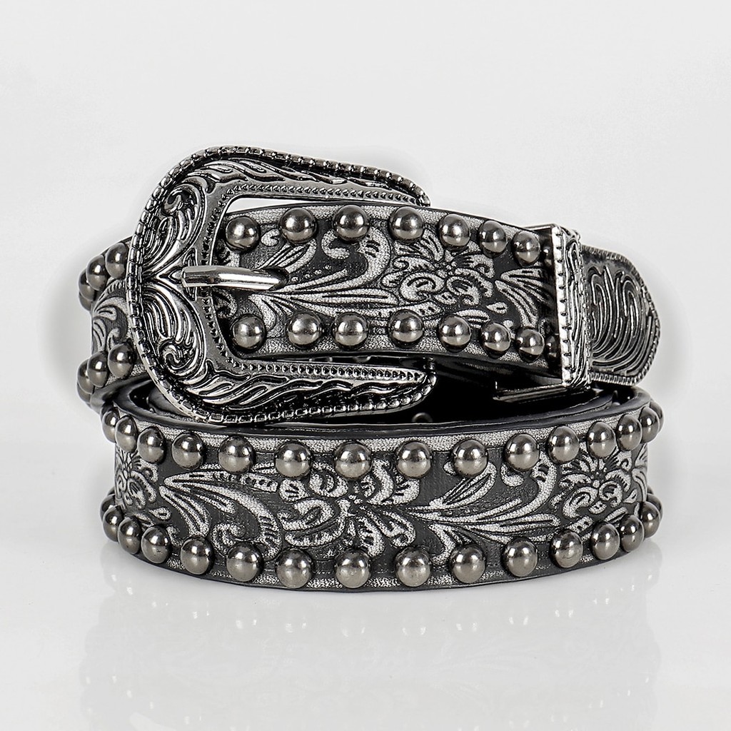 1pc Women's Retro Carved Alloy Needle Buckle Belt Men Rivet Belt Punk Rock Jeans Belt PU Leather Bel