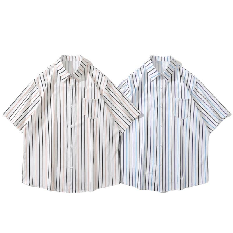 💥BECoolMan💥เสื้อเชิ้ตลายทางสำหรับผู้ชาย เสื้อยืดแฟชั่นสดแมทช์ง่าย แขนสั้นคอปกสำหรับฤดูร้อน ชุดคู่รักทรงหลวม