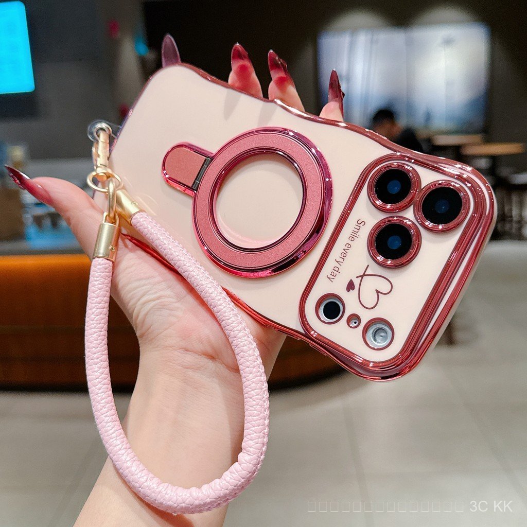 สายคล้องตัวเคสโลหะ กันกระแทกลายคลื่นหัวใจแวววาว พร้อมขาตั้ง สำหรับ iPhone 17 Pro Max 16 15 14 13