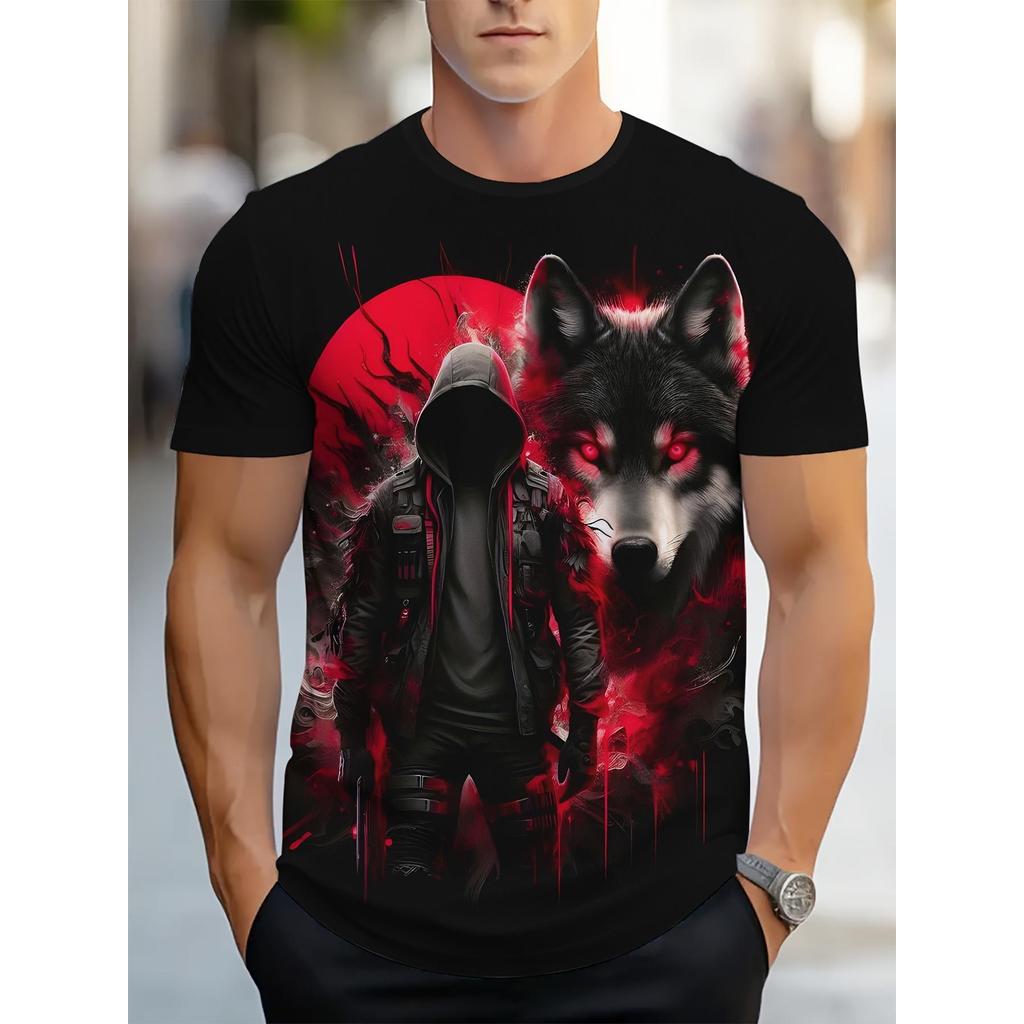 เสื้อยืดพิมพ์ลายสัก 3D Wolf & Yakuza สําหรับผู้ชาย - สีดํา/สีแดง Anime-Inspired Short Sleeve Casual 