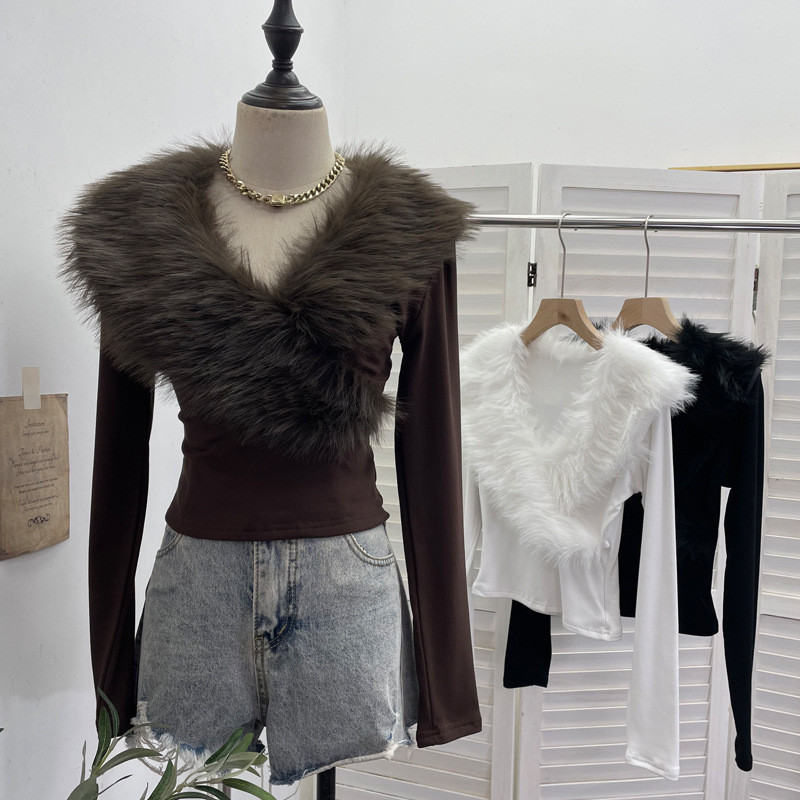 Real Shot Millennium Hot Girl Fur Stitching Cross V คอยาวเสื้อยืดแขนยาว Slim-Fit Bottoming Brushed S