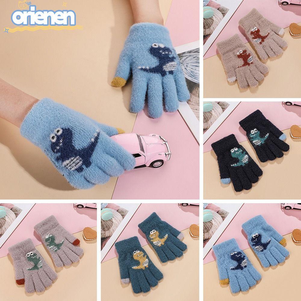 ORIEN ถุงมือเต็มนิ้วสําหรับเด็กผู้หญิงน่ารักเด็กชายไดโนเสาร์ถุงมือข้น