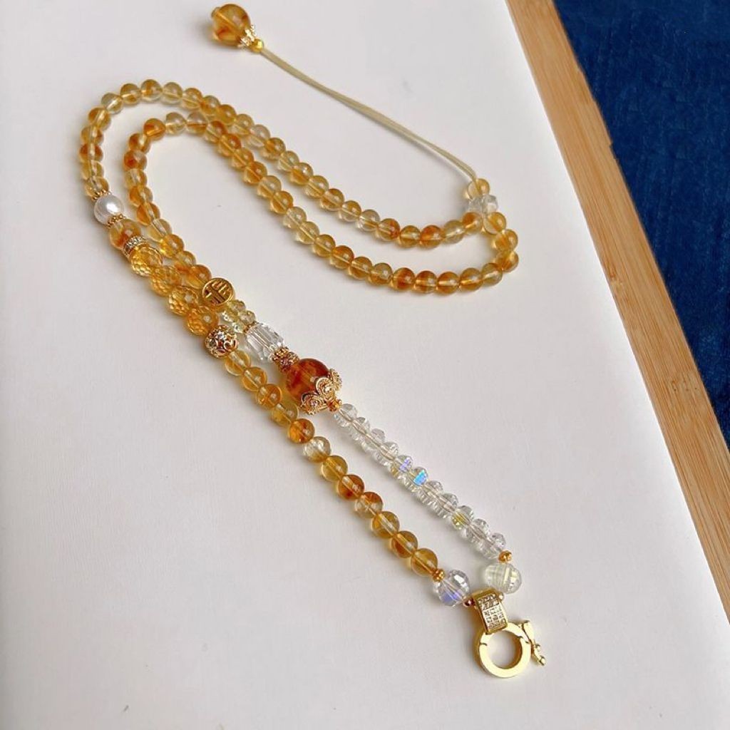 หัวเข็มขัดจี้ซิทรินธรรมชาติกับสร้อยคอมุกผีเสื้อ พร้อมพระเครื่องและคริสตัล NFG25