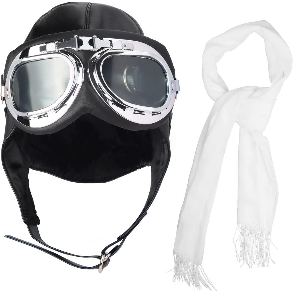 Aviator Hat With Goggles Costume Accessories Pilot Cap White Scarf for Men Women Teens Adults