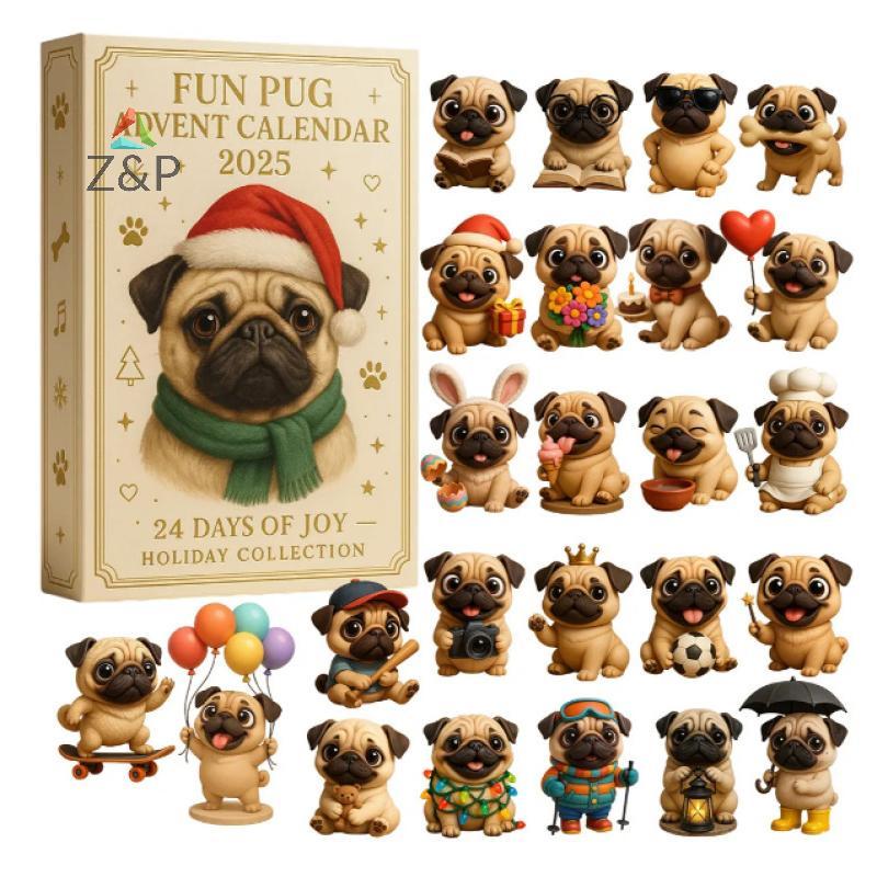 Z&P Pug Advent Calendar 2025, 24 วัน Christmas Advent Calendar พร้อมสุนัข Pug น่ารักแขวนเครื่องประดั