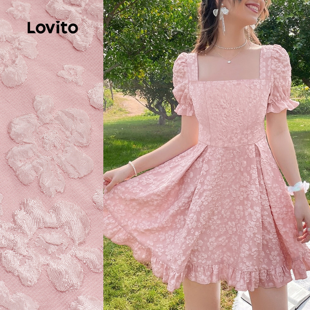 Lovito ชุดเดรสน่ารักสไตล์แคชชวล ประดับชายโครงผ้ากระจกซับ ลายริบบิ้นฤดูใบไม้ผลิ/ฤดูร้อน สีชมพู L139AD024