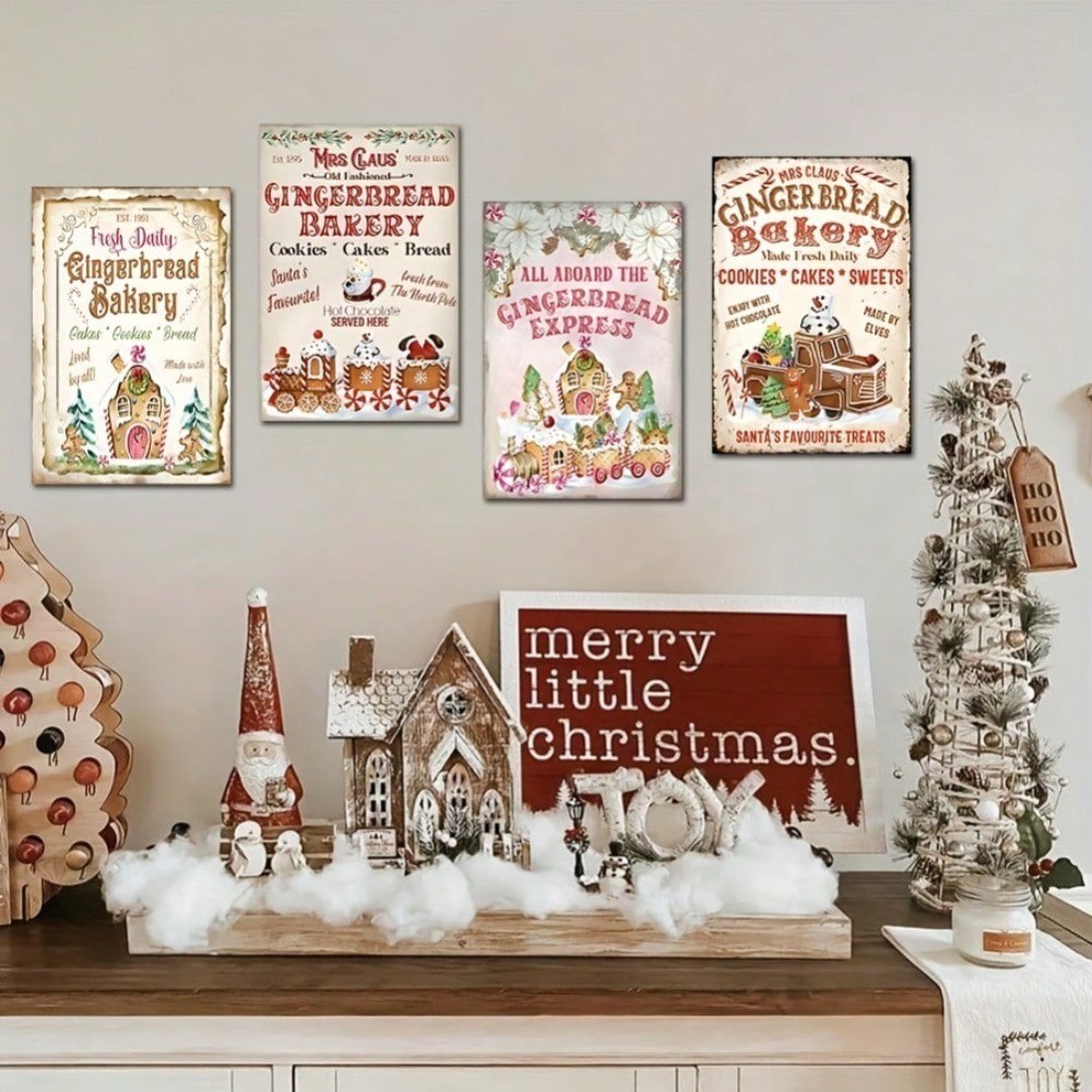 Gingerbread Bakery Vintage Metal Wall Decor 8x12 นิ้ว-2D Flat Christmas Tin Sign, Festive Truck & Tr