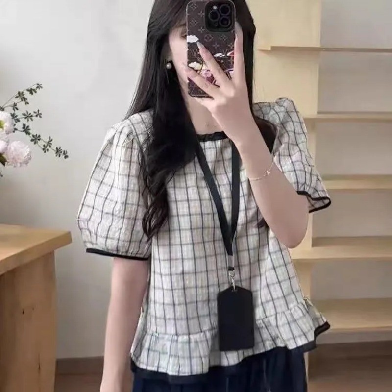 coco-เสื้อสุภาพสตรี ตาราง เสื้อแขนสั้น ประเภทรุ่นหลวม บุคลิกภาพ เรียบง่าย แฟชั่นสบาย ๆ